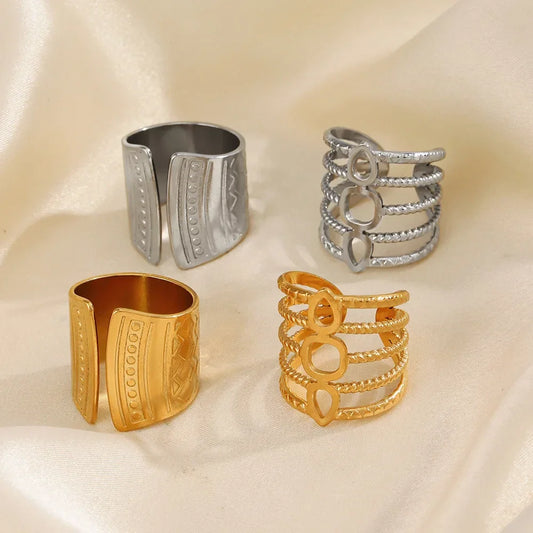 Multiple Styles Stainless Steel Geometric Texture Wide Ring - Palm and Thread