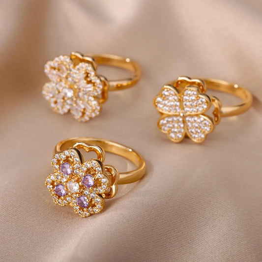 Spinner Zircon Heart Four Leaf Clover Ring - Palm and Thread