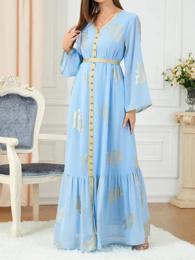 Iron Long Sleeve V-Neck Button Dress Abaya - Palm and Thread