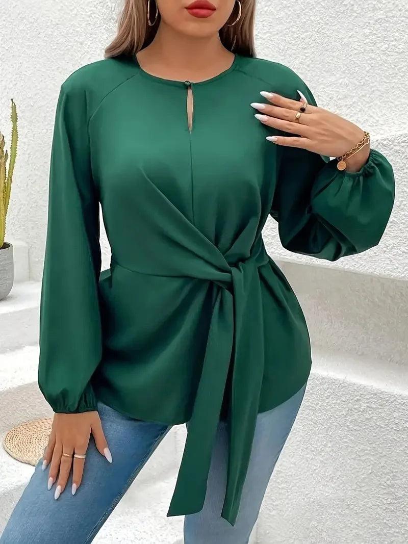 Solid Tie Front Keyhole O-Neck Blouse - Palm and Thread