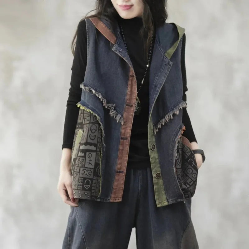 Print Patchwork Single Breasted Denim Vest Jacket - Palm and Thread