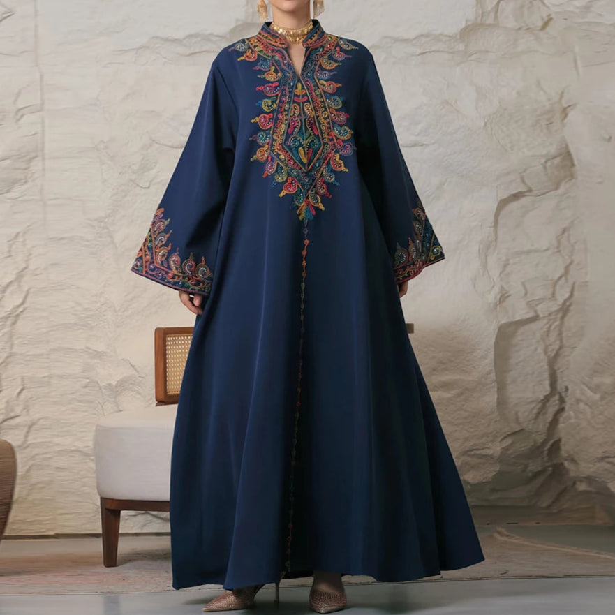 Embroidery V-Neck Long Dress Abaya - Palm and Thread