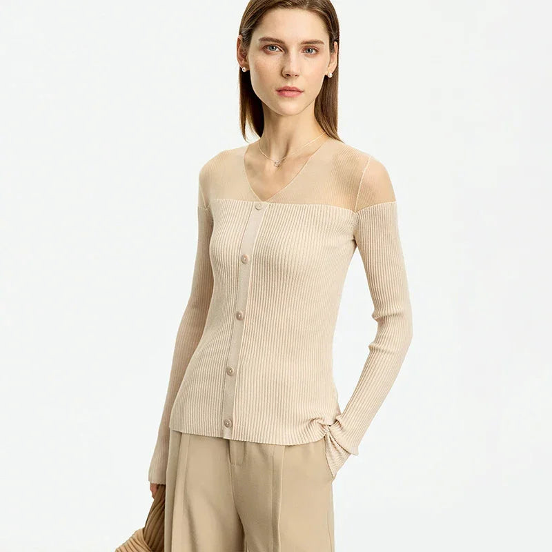 Full Sleeve Perspective V-neck Button Top - Palm and Thread