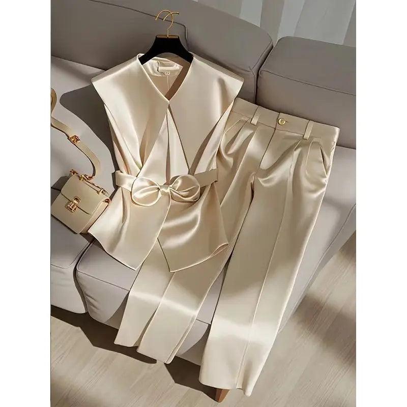 Satin Elegant OL Peter Pan Collar Bow Sleeveless Vest + High Waist Wide Leg Pant Two Piece Set - Palm and Thread