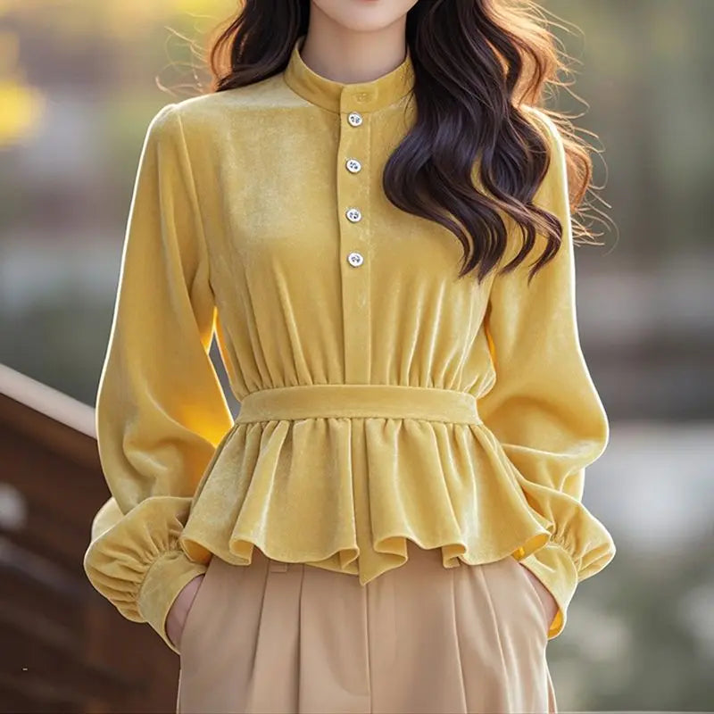 Vintage Gold Velvet Ruffle Chic Blouse - Palm and Thread