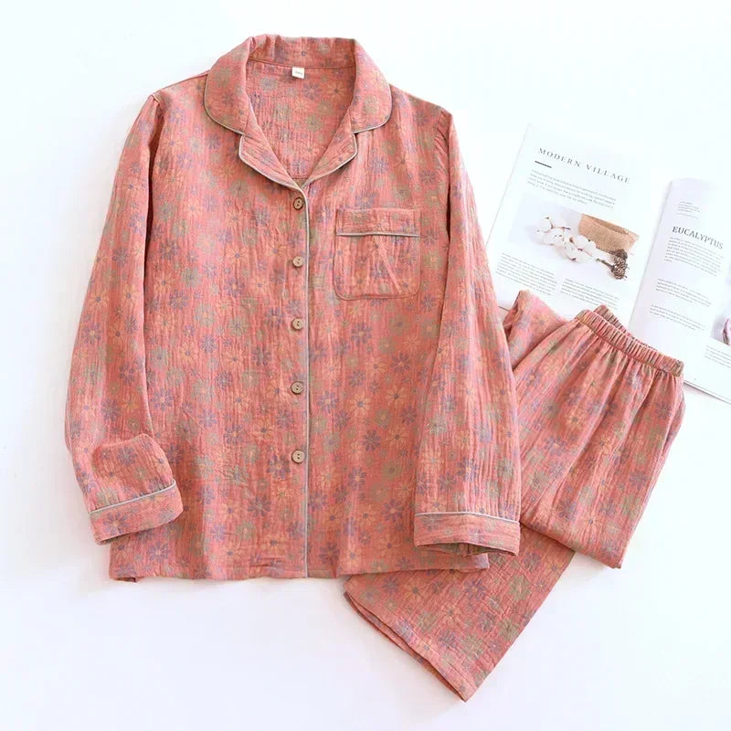 Long-sleeved trousers two-piece cotton crepe flower leaves Pajama set - Palm and Thread