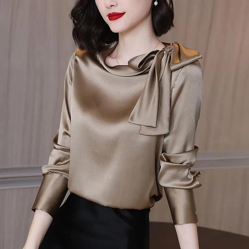 Satin Solid Bow Blouse - Palm and Thread