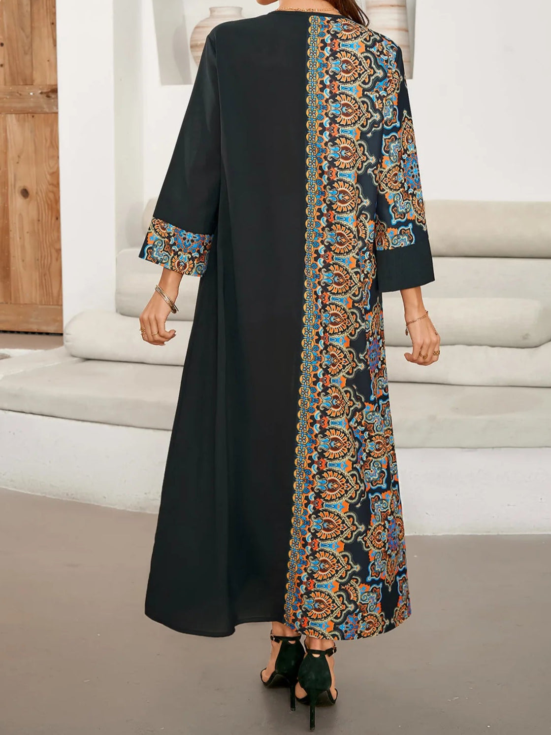 Black Long Print Dress Abaya - Palm and Thread