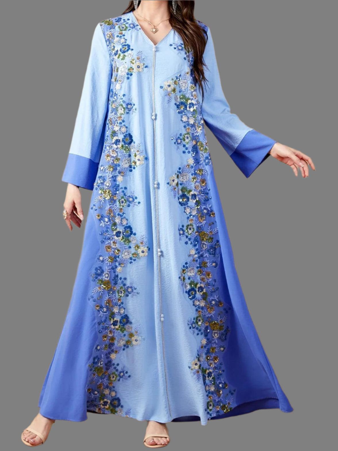 Embroidered V-Neck Elegant Dress Abaya - Palm and Thread