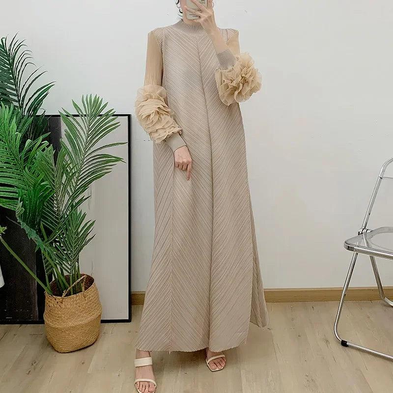 Pleated Maxi Mesh Petal Sleeve Half Turtleneck Dress Abaya - Palm and Thread