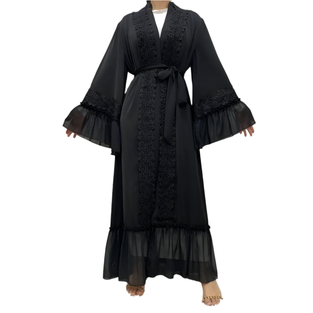 Black Abaya Embroidery Flare Sleeve with Belt - Palm and Thread