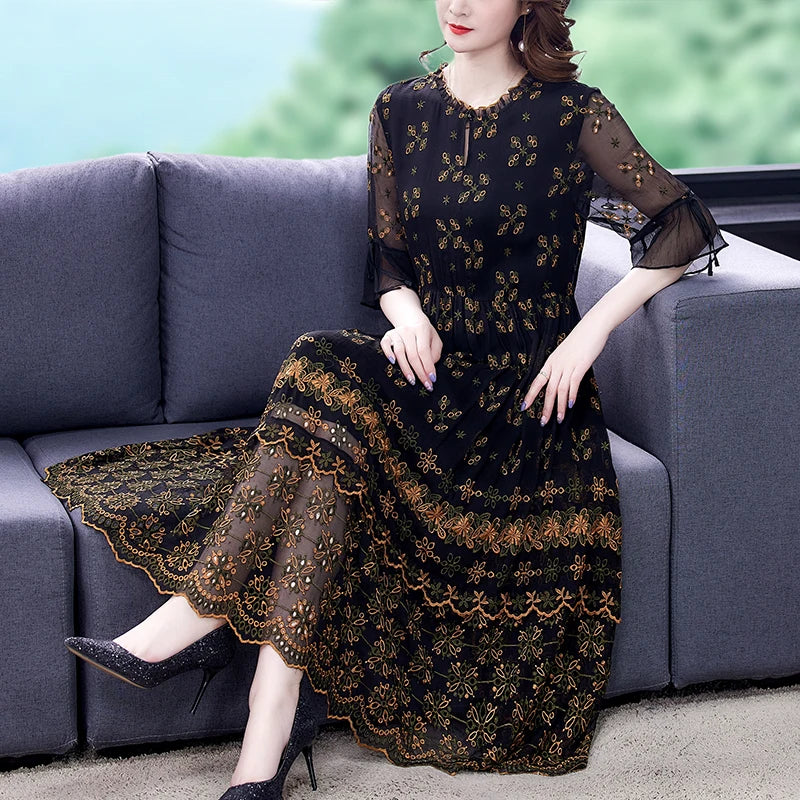 Black Mesh Floral Embroidery Maxi Dress - Palm and Thread