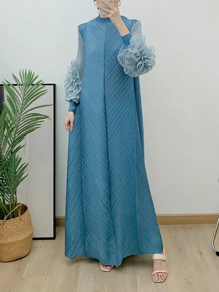 Pleated Maxi Mesh Petal Sleeve Half Turtleneck Dress Abaya - Palm and Thread