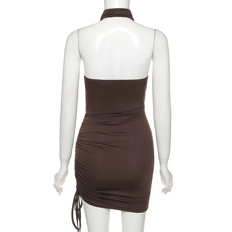 Sexy Brown Cross Halter Cut-Out Mini Dress