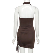Sexy Brown Cross Halter Cut-Out Mini Dress