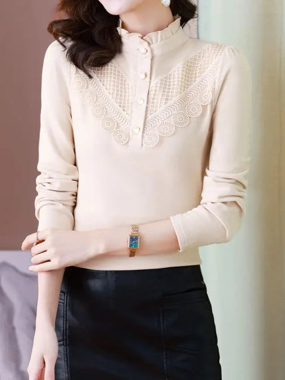 Elegant Ruffle Lace Slim Warm Long Sleeve Basic T-shirt - Palm and Thread