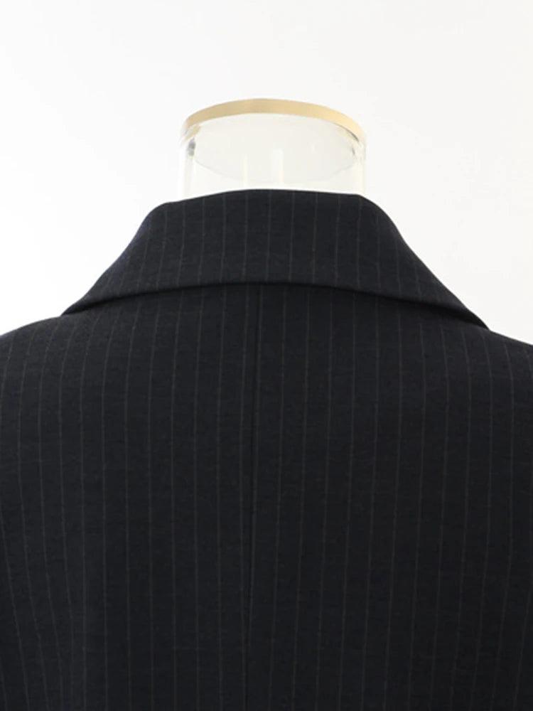 Navy Blue Striped Irregular Elegant Blazer New Lapel Long Sleeve Jacket - Palm and Thread