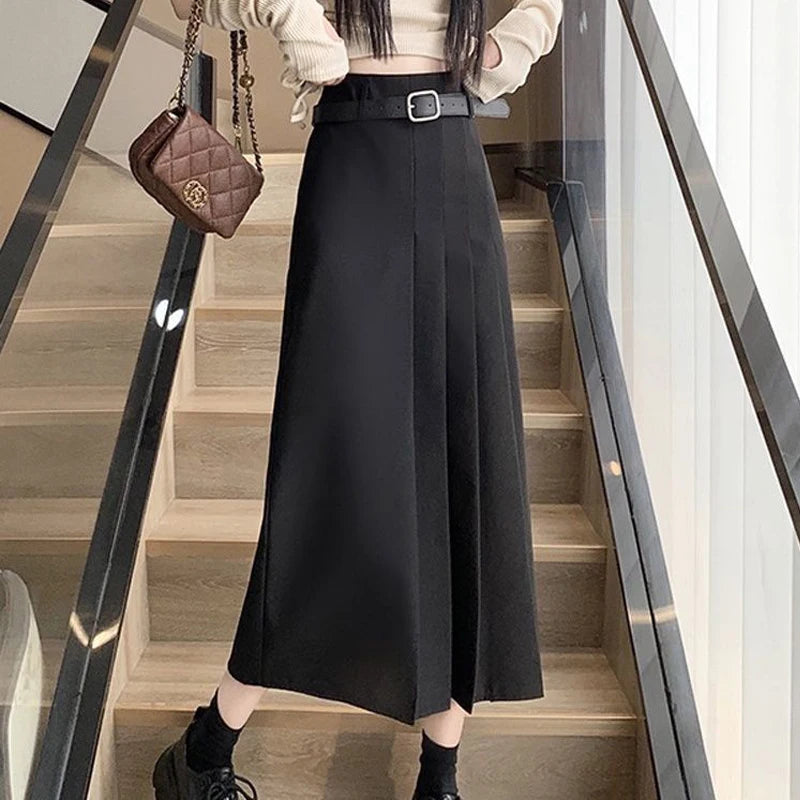 High Waist Belt Elegant Pleated Midi Skirt - Palm and Thread