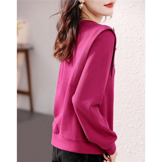 Fashion O Neck Long Sleeve Buttons Chic Sweet Pullover Top - Palm and Thread