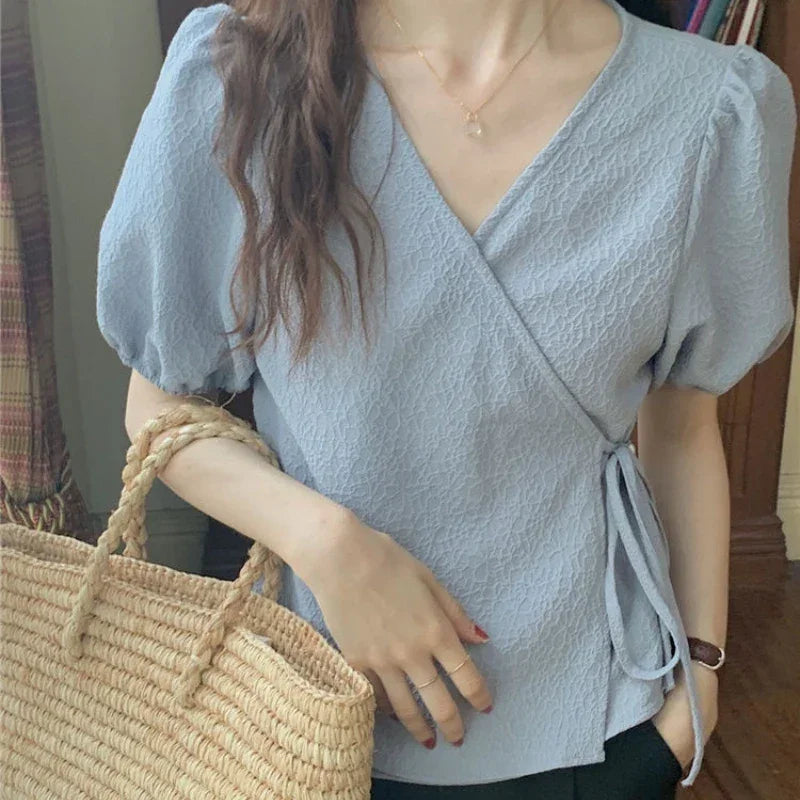 Style Puff Sleeve Leisure Lace-up All-match Vintage Elegant Top - Palm and Thread