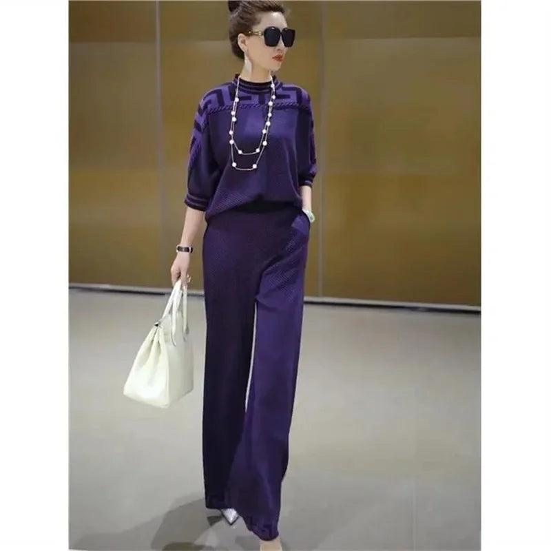 New Loose Slim Long-sleeved Ice Silk Knitted Two-piece Suit - Palm and Thread