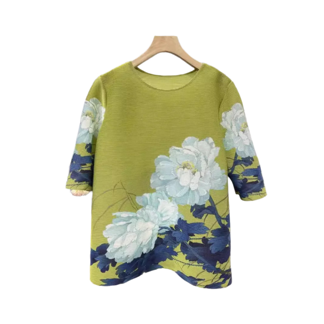 Pleated printed peony blooming Top - Palm and Thread