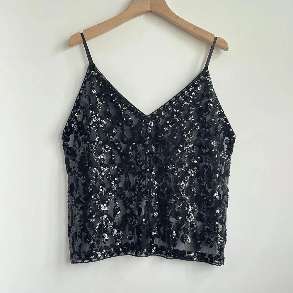Sequin Bead Sling Slim Fit Straight Tank Top - Palm and Thread