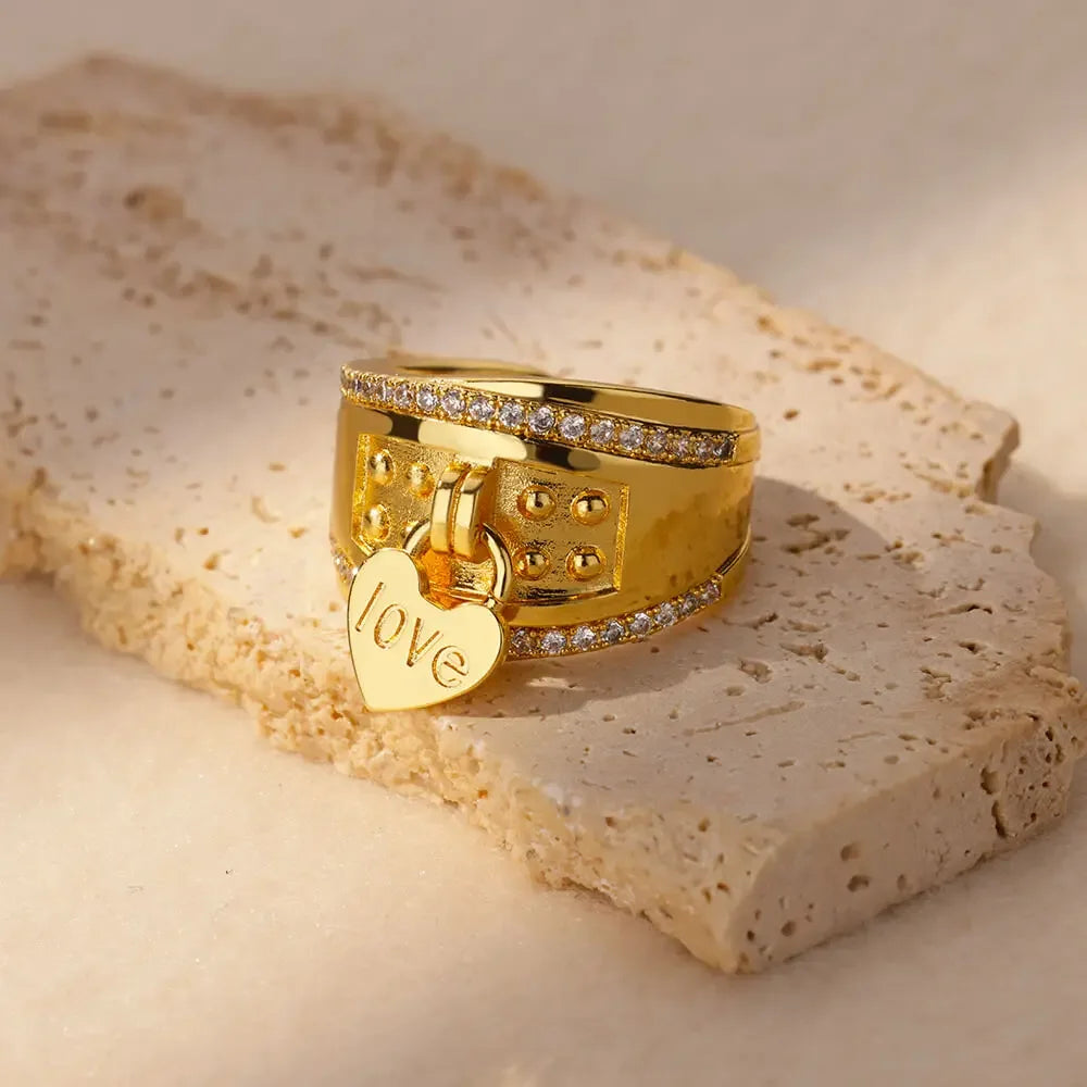 Zircon Cristal Geometric Stainless Steel Gold Color Adjustable Finger Ring - Palm and Thread