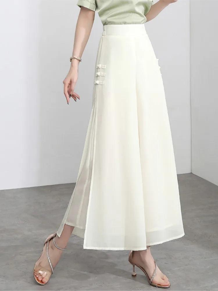 Side Slit Chiffon Thin Elastic Waist Wide Leg Pants Chic Droop - Palm and Thread