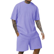 crew-neck vertical stripe T-shirt shorts short-sleeved suit