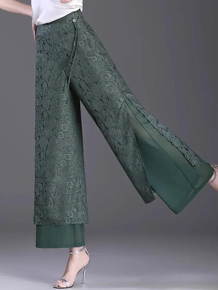 Split Jacquard Weave Wide Leg High Waist Baggy Straight Pant - Palm and Thread