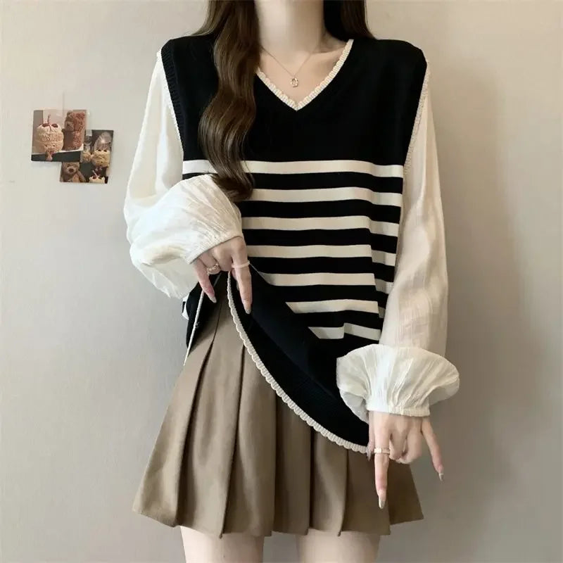 V-neck Fake Two-piece Striped Sweater - Palm and Thread