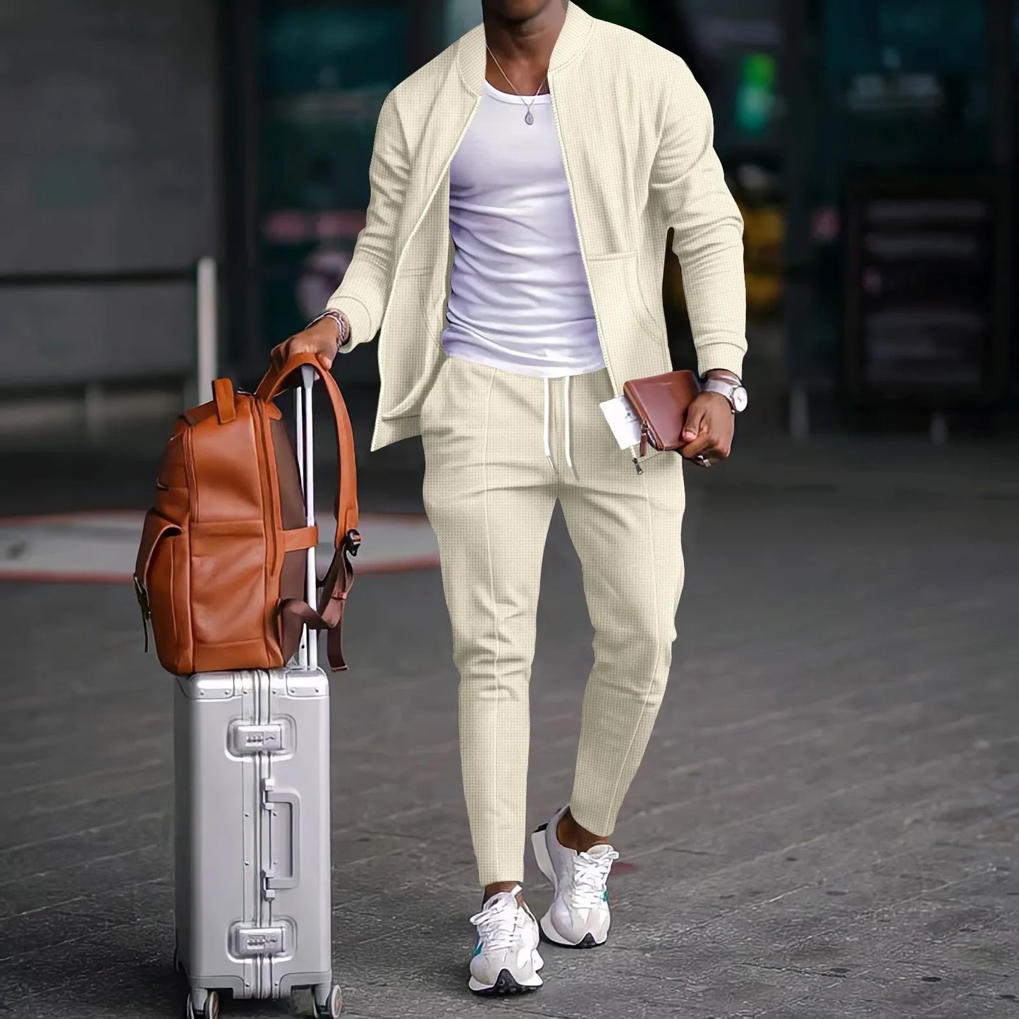 stand collar solid color + casual Waffle full pants suit
