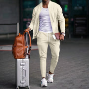 stand collar solid color + casual Waffle full pants suit