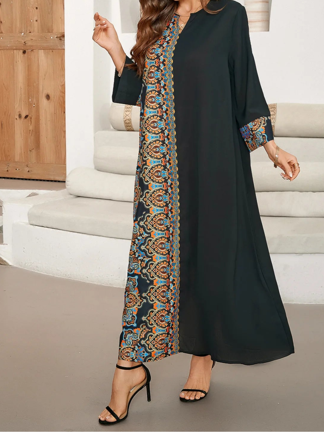 Black Long Print Dress Abaya - Palm and Thread