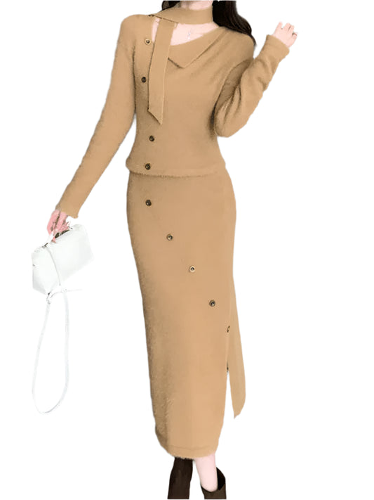 Long Sleeve Knitted Top + High Waist Split Skirt Suit - Palm and Thread