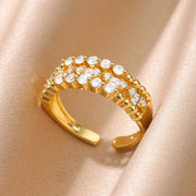 Zircon Cristal Geometric Stainless Steel Gold Color Adjustable Finger Ring - Palm and Thread