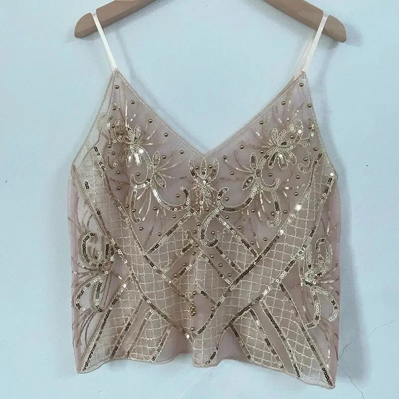 Sequin Bead Sling Slim Fit Straight Tank Top - Palm and Thread