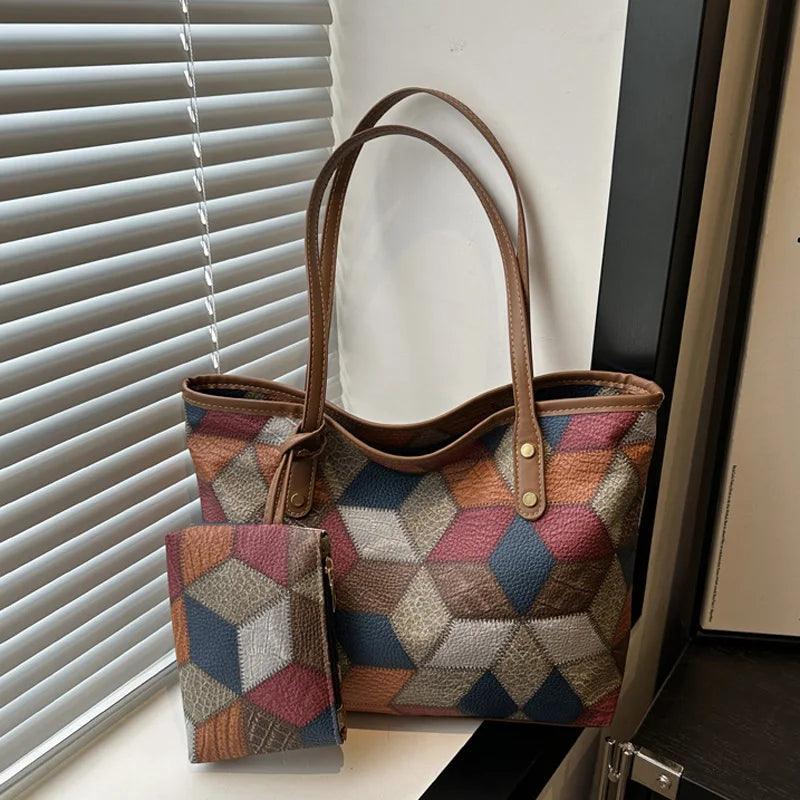 Vintage Patchwork PU Leather Casual Tote Bag - Palm and Thread