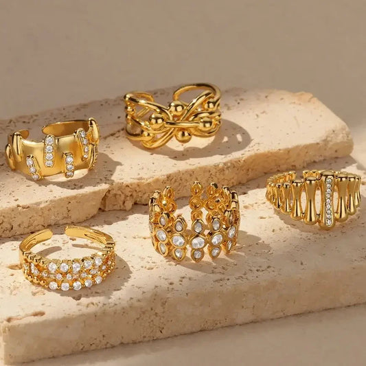 Zircon Cristal Geometric Stainless Steel Gold Color Adjustable Finger Ring - Palm and Thread