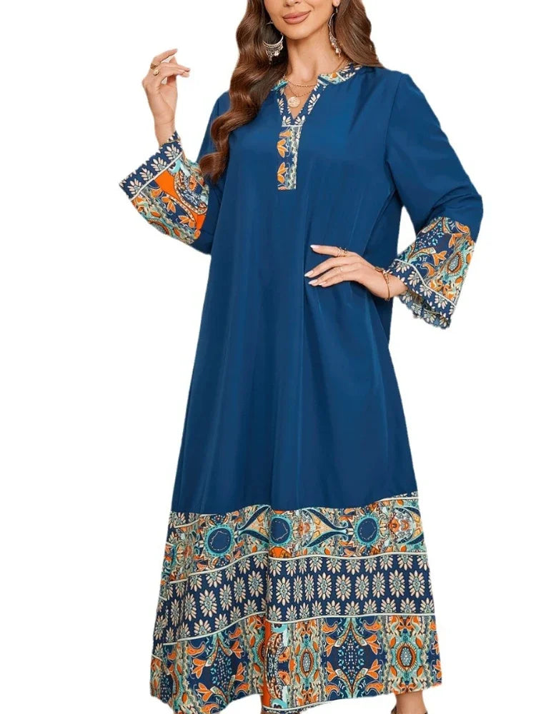 Blue Long Sleeve Print Dress Abaya - Palm and Thread