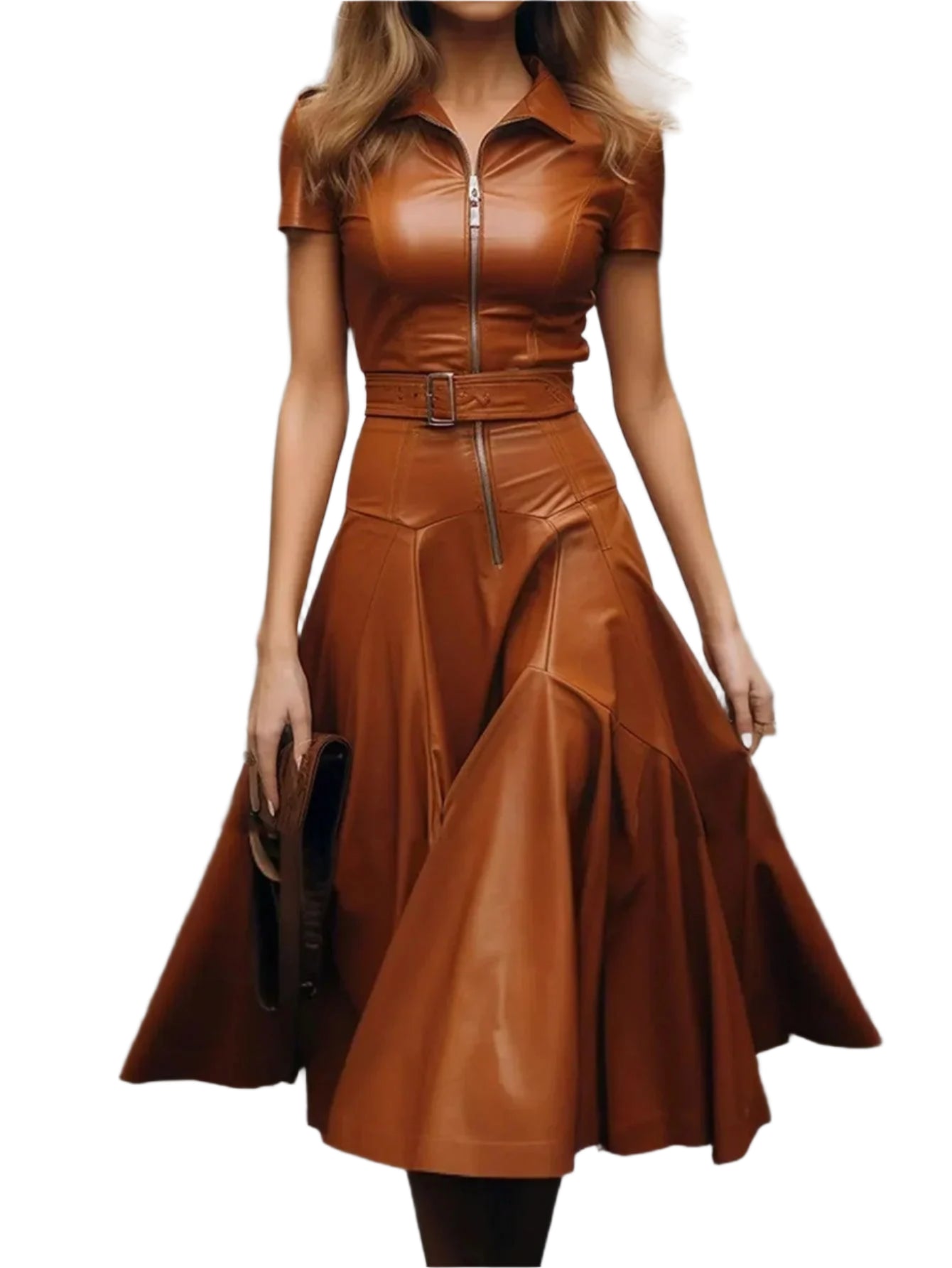 Elegant Brown Zipper PU Leather Midi Dress - Palm and Thread