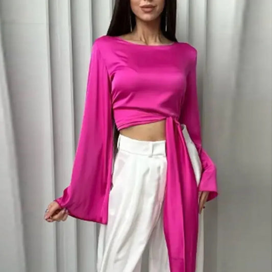 White Satin V-Neck Long Sleeve Shirt - Palm and Thread