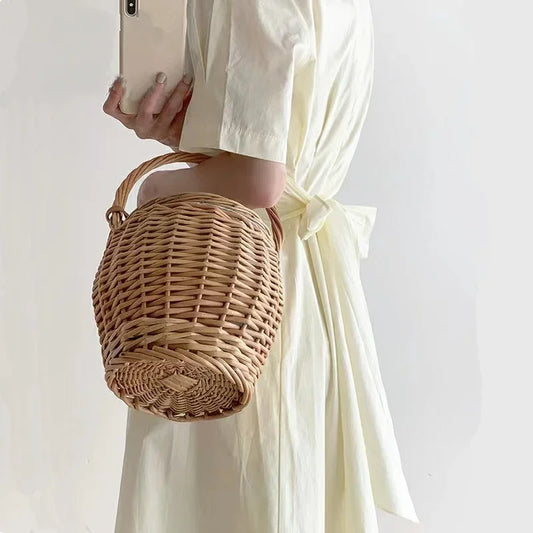Wicker basket beach natural rattan straw bucket handbag - Palm and Thread