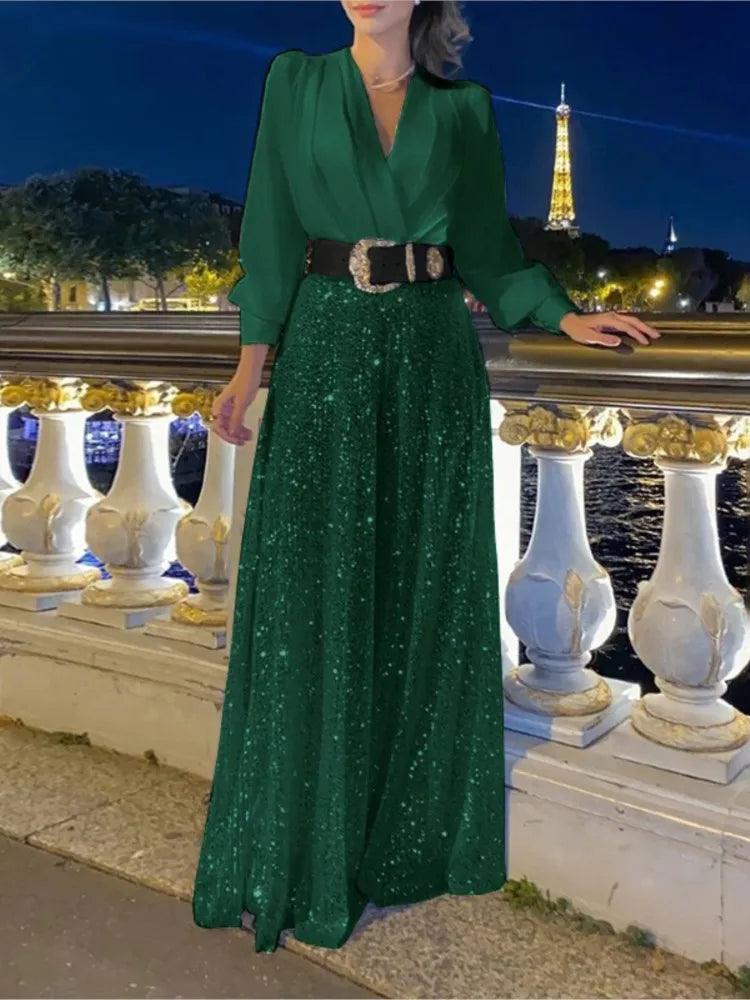 V-neck Long Sleeved Elegant V-neck Waist Sequin Wide Leg Jumpsuit - Palm and Thread