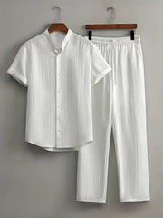 Textured Button Down Shirt and Drawstring Pant Outfit - Palm and Thread