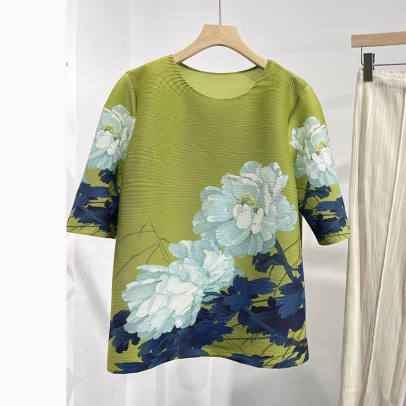 Pleated printed peony blooming Top - Palm and Thread