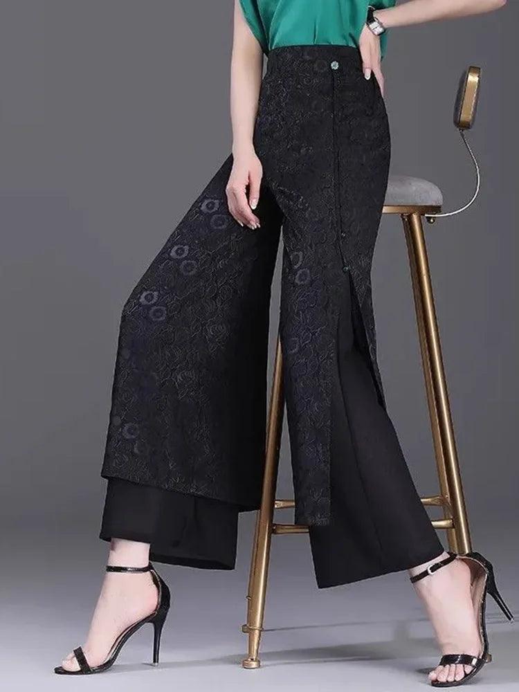 Split Jacquard Weave Wide Leg High Waist Baggy Straight Pant - Palm and Thread