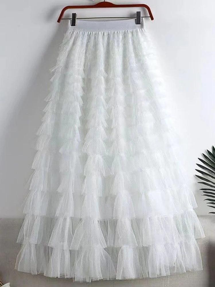 A-line Gauze Spliced Solid Color Loose Skirt - Palm and Thread