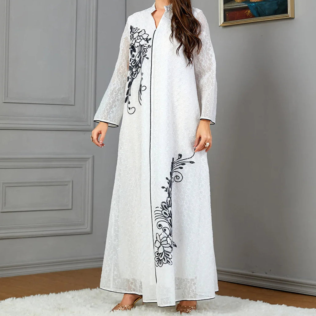 White Floral Sequins Notched V-Neck Abaya - Palm and Thread